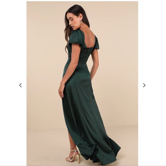 NWT Lulus Ultimate Sweetness Emerald Green Satin Flutter Sleeve Maxi Dress - Picture 2 of 5